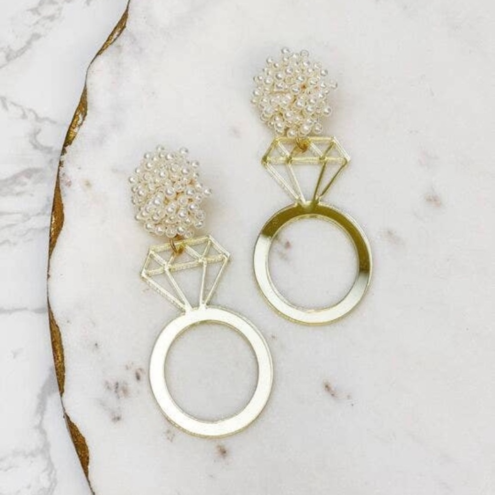 Pearl Post Diamond Ring Acrylic Dangle Earrings